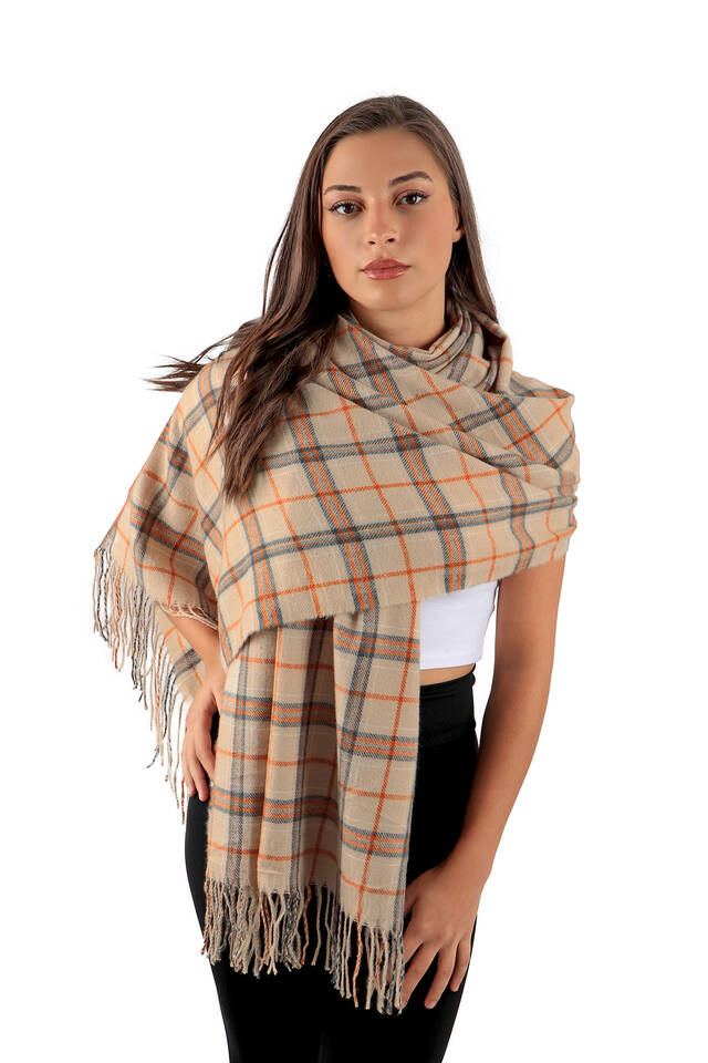Beige Orange Patterned Winter Shawl - 2