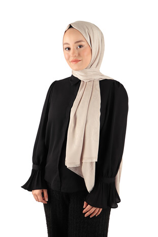 Beige Patterned Silky Scarf - Thumbnail
