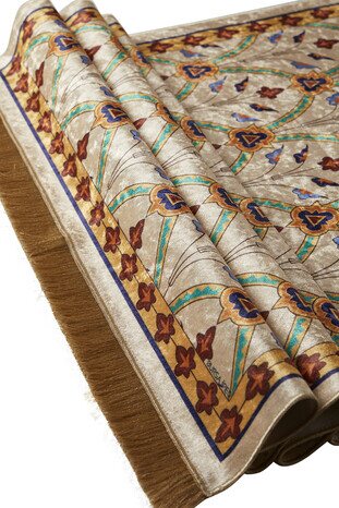 Beige Velvet Carpet Prayer Rug - Thumbnail