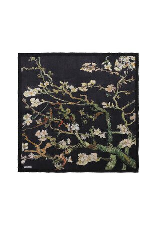 Black Almond Blossom Silk Pocket Square - Thumbnail