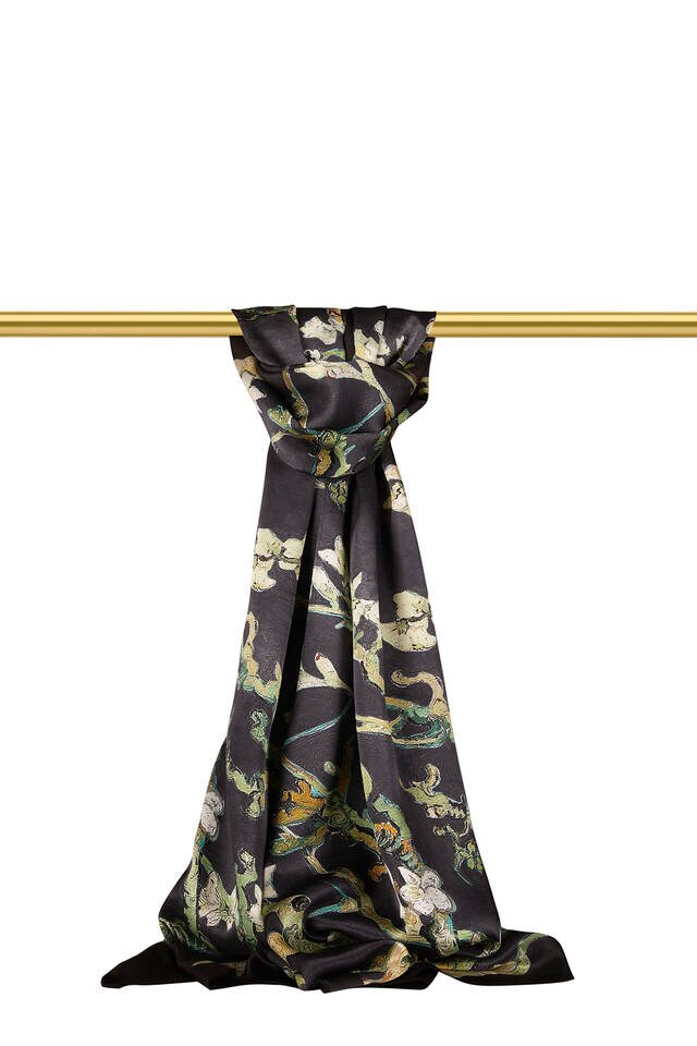 Black Almond Blossom Silk Scarf 