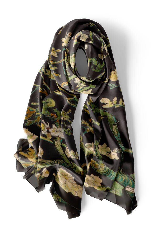 Black Almond Blossom Silk Scarf - 3