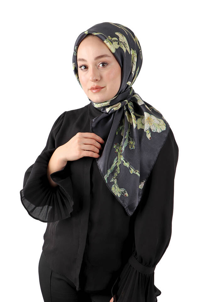 Black Almond Blossom Sura Silk Square Scarf - 2