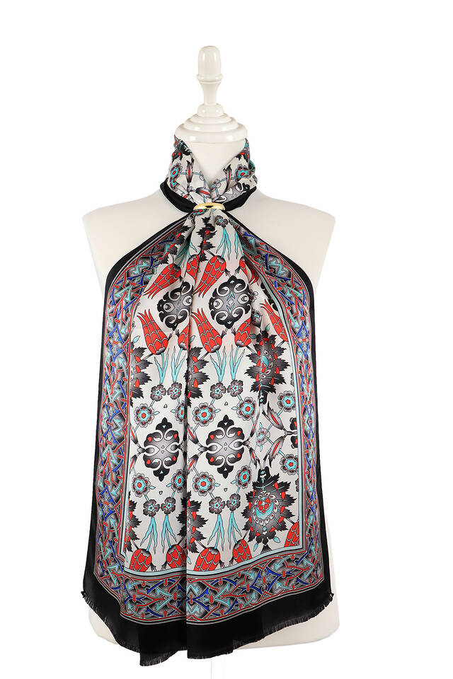 Black and White Tile Tulip Silk Foulard 