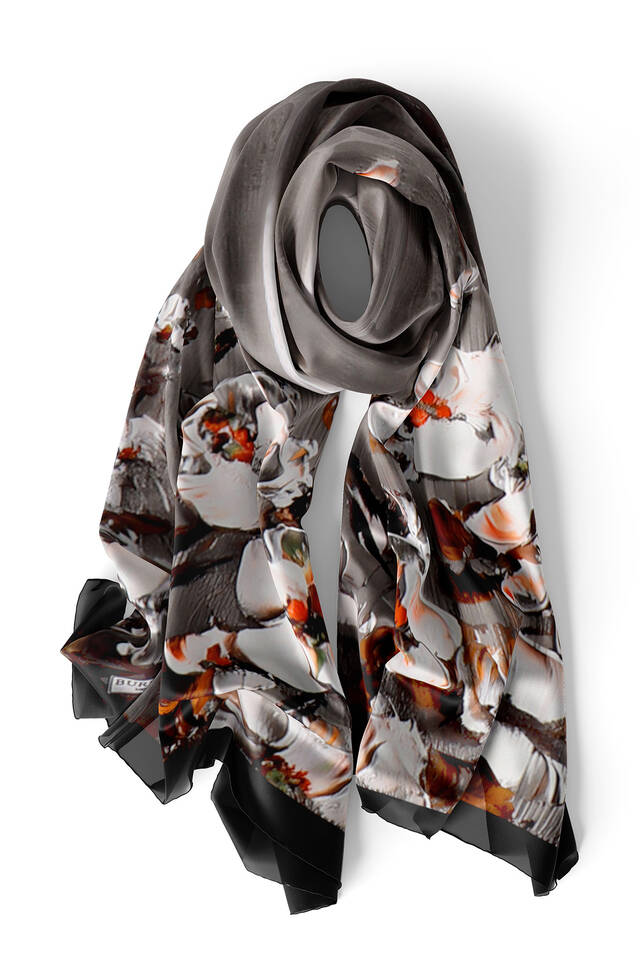 Black Anemone Pattern Silk Foulard - 3