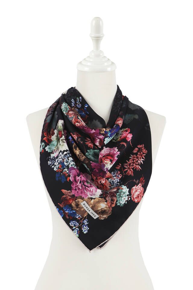 Black Begonia Pattern Silky Square Scarf - 2