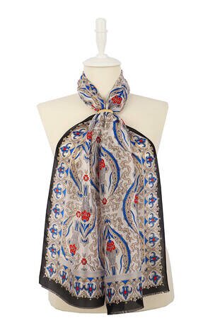 Black Beige Big Tulip Voile Silk Foulard - 5