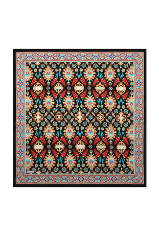 Black Beige Tile Tulip Pattern Silk Square Scarf 