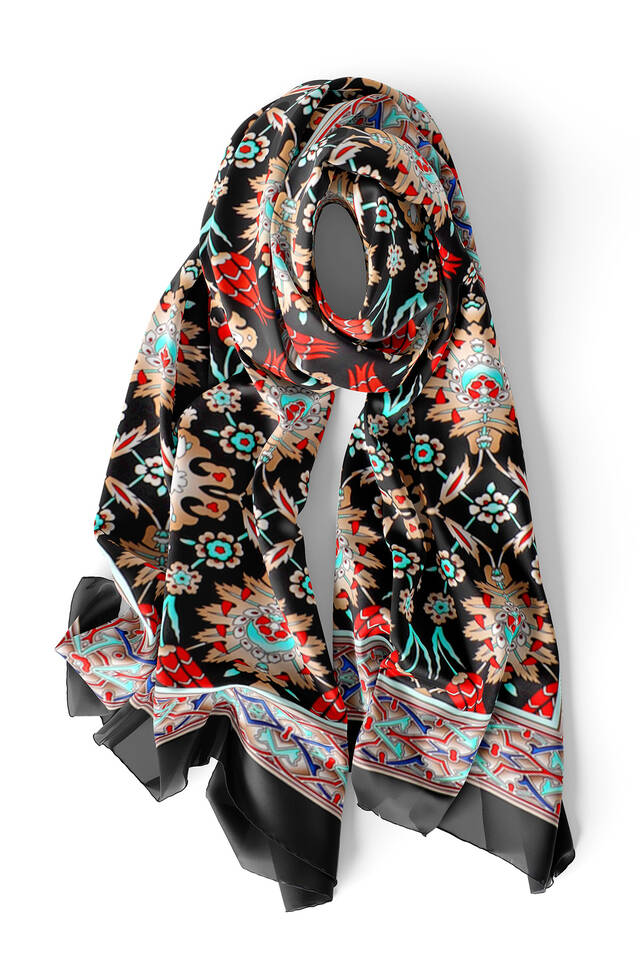Black Beige Tile Tulip Silk Foulard - 3