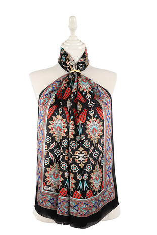 Black Beige Tile Tulip Silk Foulard 