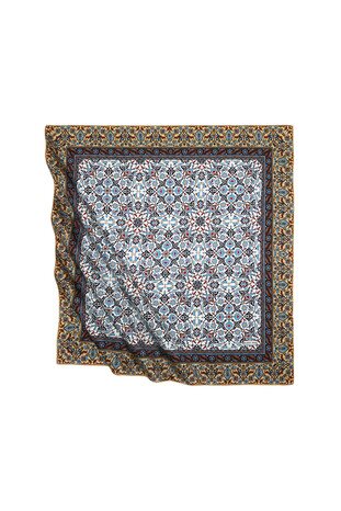 Black Brown Turkish Patterned Tile Pattern Silk Square Scarf - Thumbnail