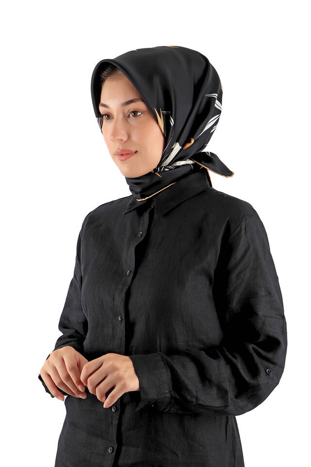 Black Çağla Pattern Twill Silk Square Scarf - 2