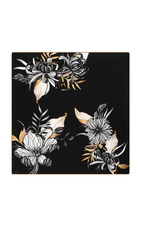 Black Çağla Pattern Twill Silk Square Scarf 