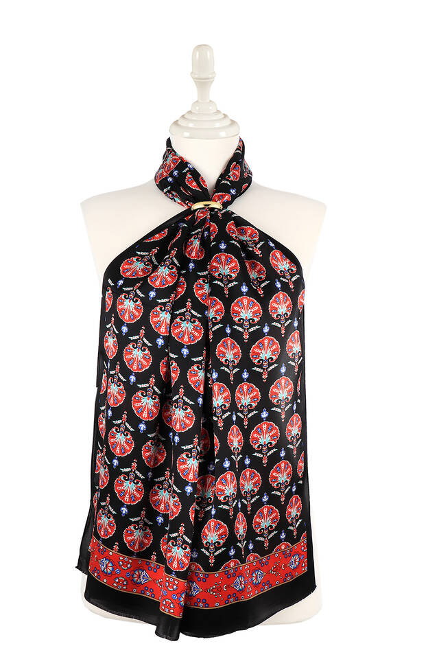 Black Carnation Pattern Silk Foulard - 1
