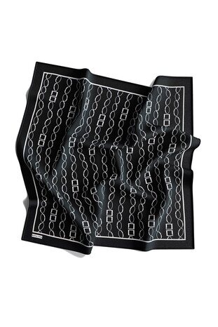 Black Chain Pattern Twill Silk Square Scarf - Thumbnail