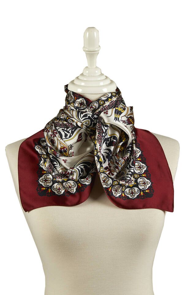Black Claret Red Tile Tulip Pattern Narrow Silky Foulard - 2