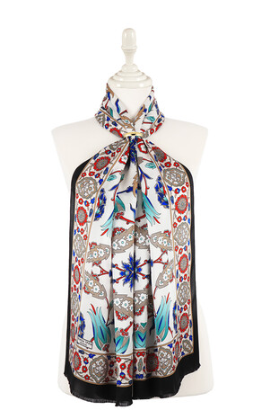 Black Cream Efes Pattern Silk Foulard 