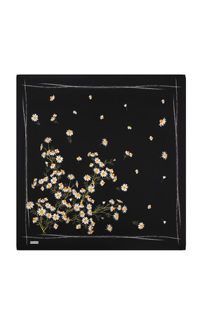 Black Daisy Pattern Twill Silk Square Scarf 