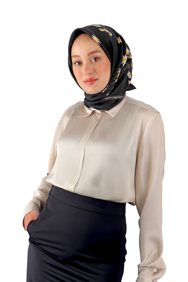 Black Daisy Pattern Twill Silk Square Scarf - 2