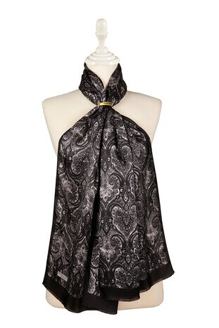 Black Damask Pattern Silk Foulard - Thumbnail