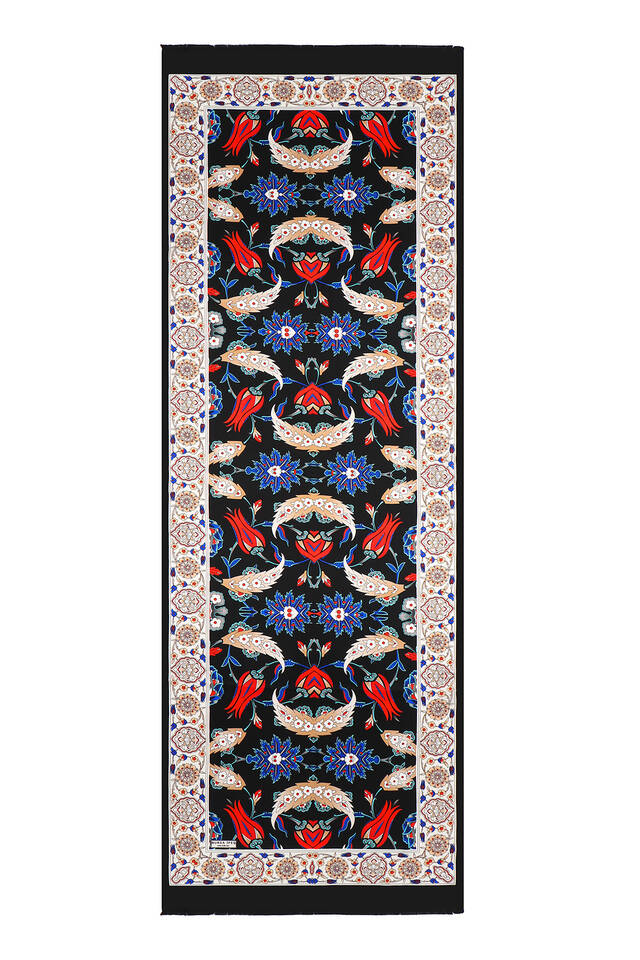 Black Ecru Efes Pattern Silk Foulard - 4