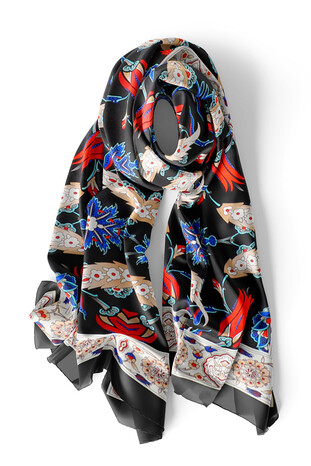 Black Ecru Efes Pattern Silk Foulard - Thumbnail