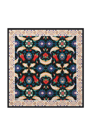 Black Ecru Efes Pattern Silk Square Scarf - Thumbnail
