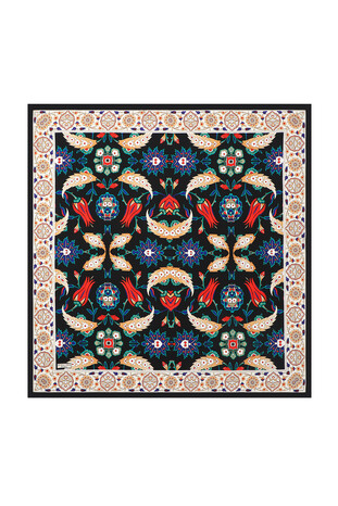 Black Ecru Efes Pattern Silk Square Scarf 