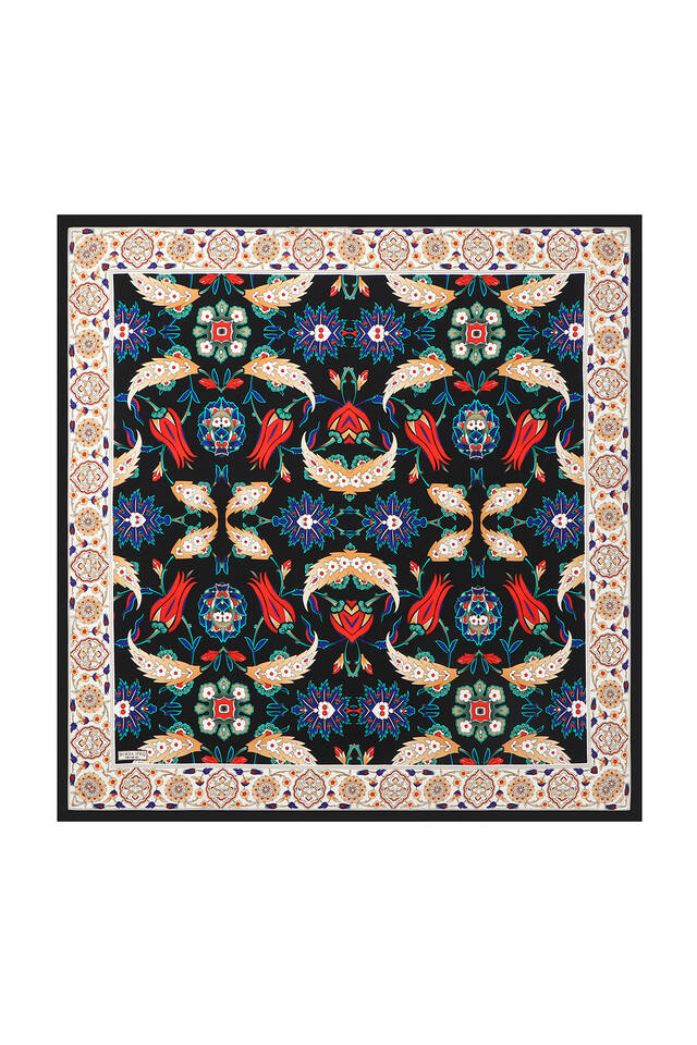 Black Ecru Efes Pattern Silk Square Scarf 