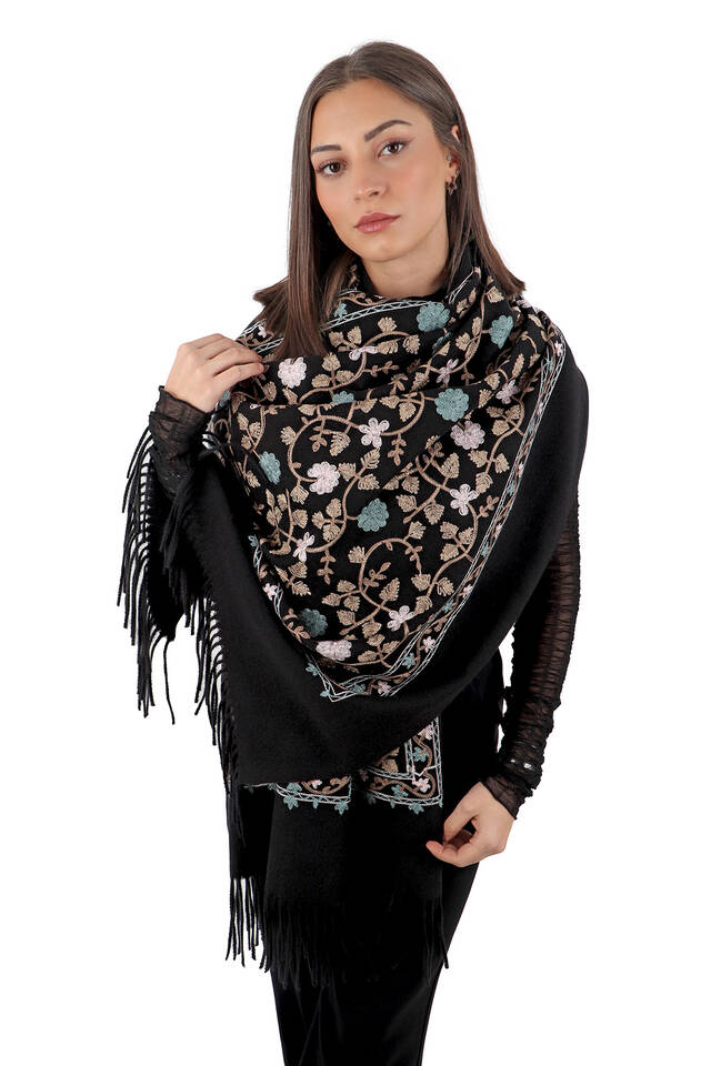Black Embroidered Winter Shawl - 2
