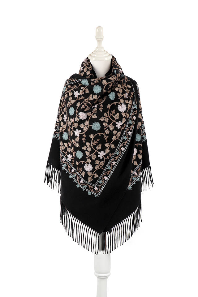 Black Embroidered Winter Shawl - Bursa İpek