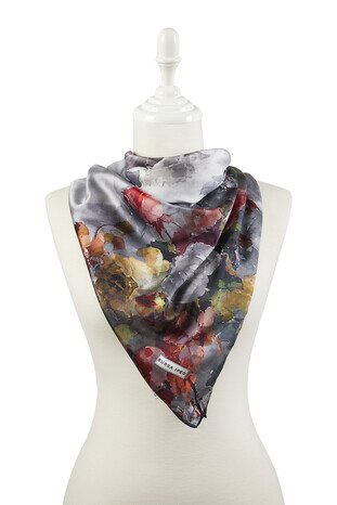 Black Floral Pattern Silky Square Scarf - Thumbnail