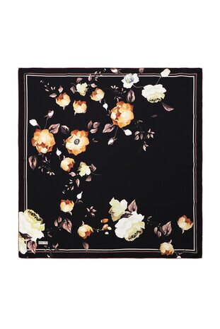 Black Floral Twill Silk Square Scarf - Thumbnail