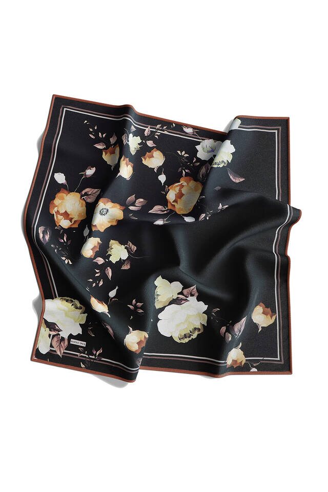 Black Floral Twill Silk Square Scarf - 4