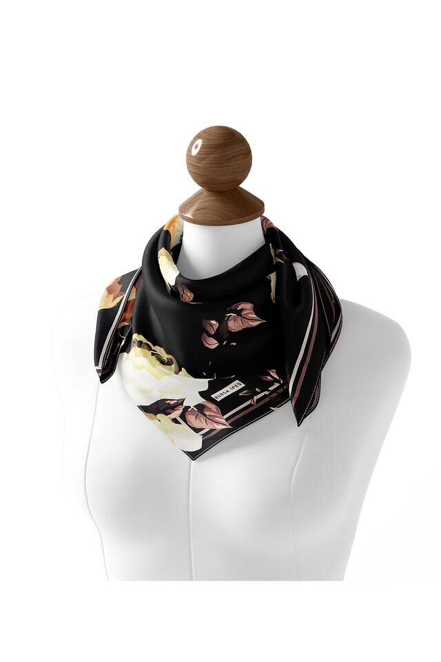 Black Floral Twill Silk Square Scarf - 3