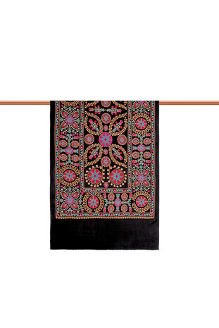 Black Fuchsia Full Embroidered Suzani Wool Shawl - Thumbnail