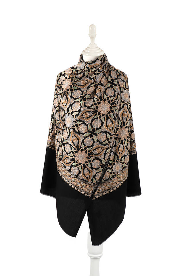 Black Fully Embroidered Suzani Wool Shawl - Bursa İpek