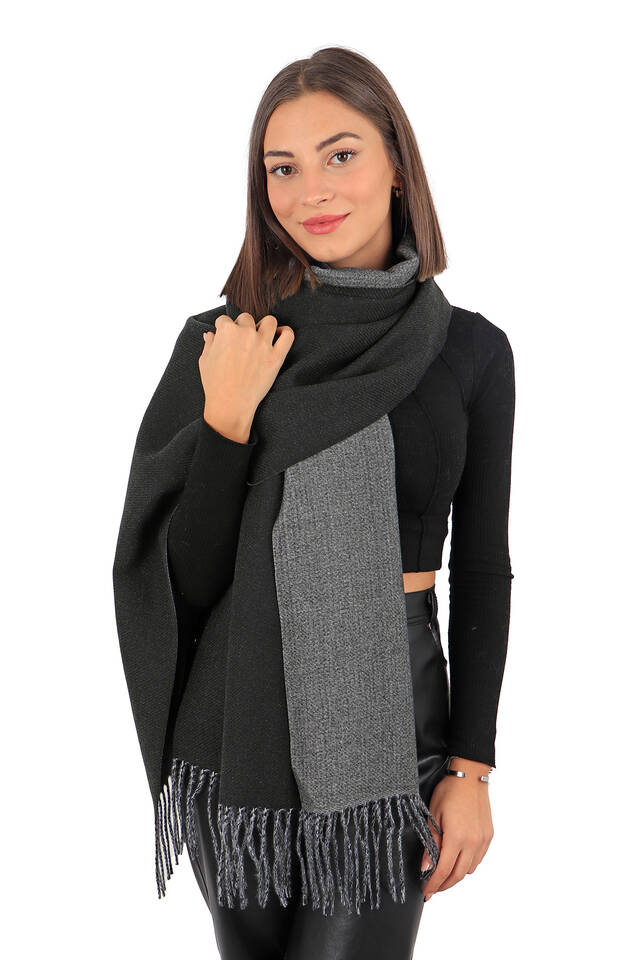 Black Gray Double Sided Winter Shawl - 2