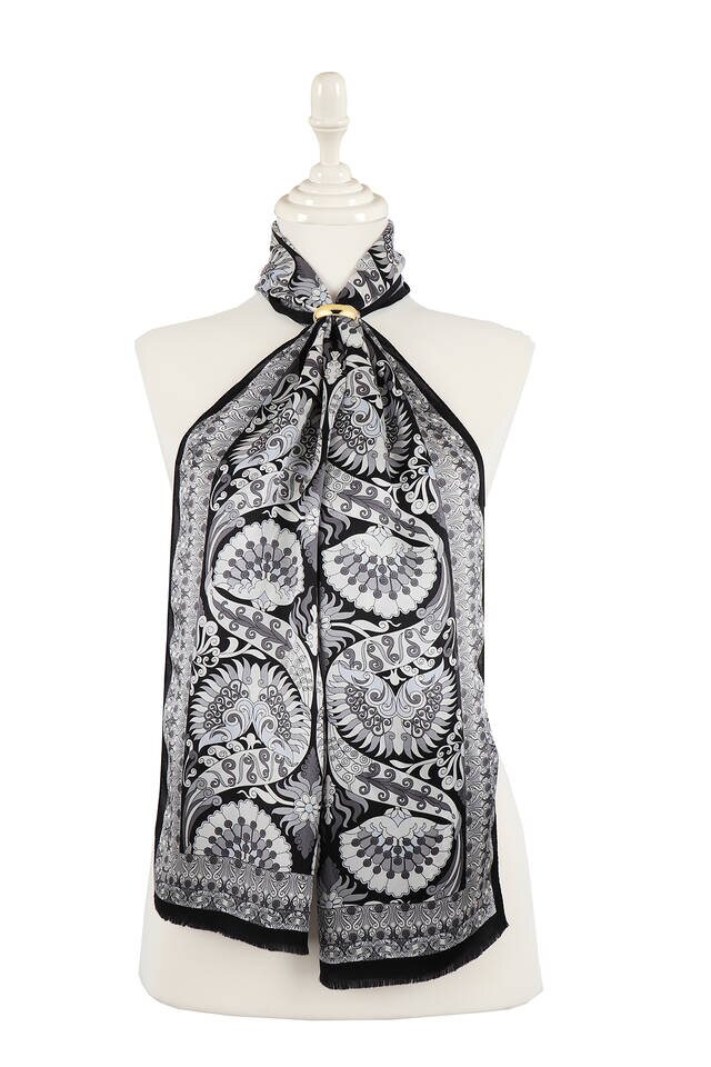 Black Gray Peacock Narrow Silk Foulard - Bursa İpek