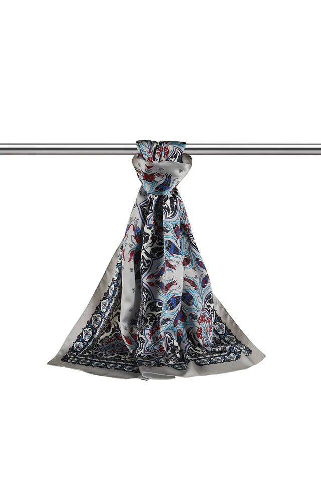 Black Gray Tile Tulip Pattern Narrow Silky Foulard - 3