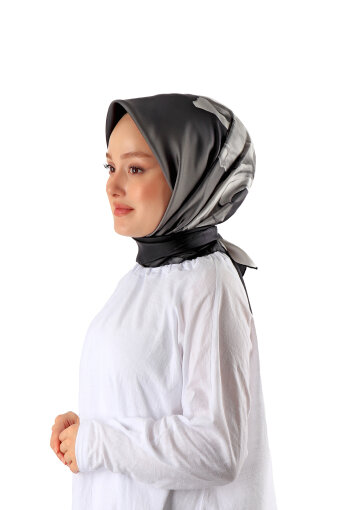 Black Iris Pattern Twill Silk Square Scarf 