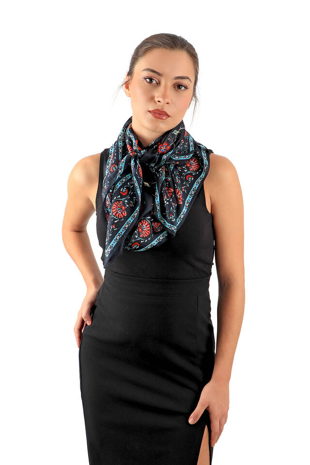 Black Lily Pattern Voile Silk Foulard 