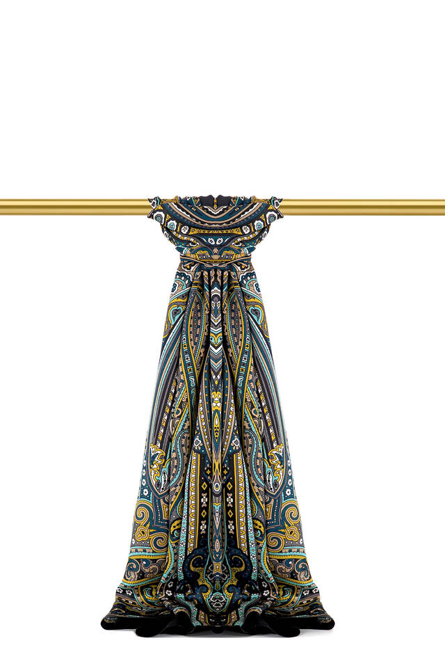 Black Marrakesh Pattern Sura Silk Scarf - 1