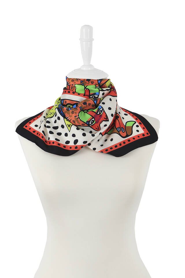 Black Orange Patterned Silky Foulard - 2