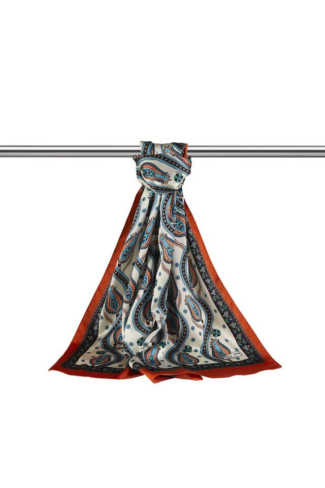 Black Orange Row Tulip Pattern Narrow Silky Foulard - 3