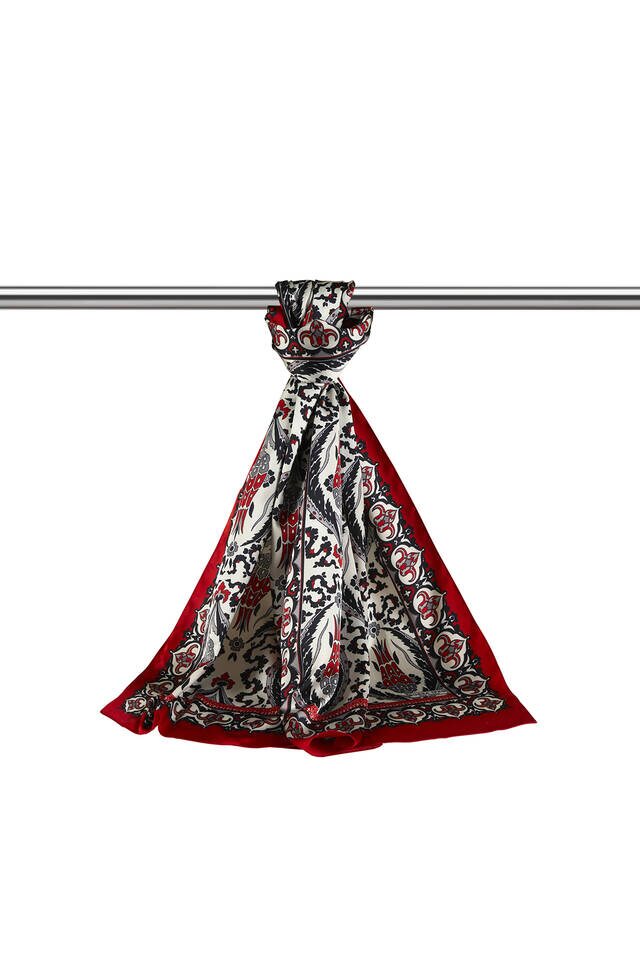 Black Red Carnation Pattern Narrow Silky Foulard - 3