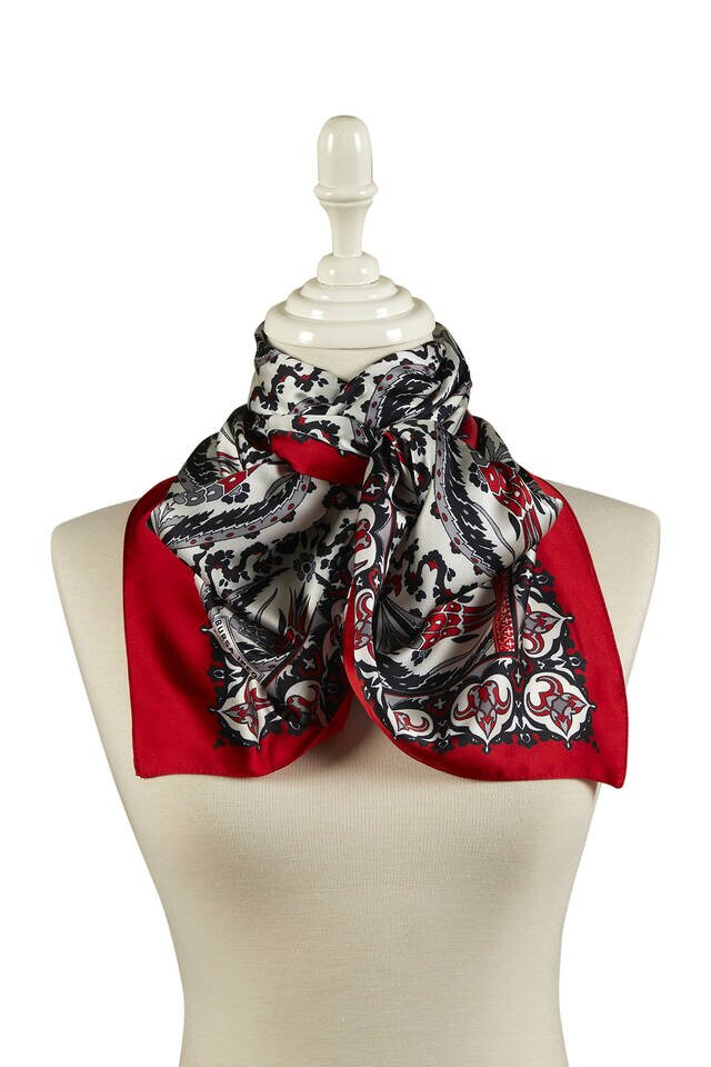 Black Red Carnation Pattern Narrow Silky Foulard - 2
