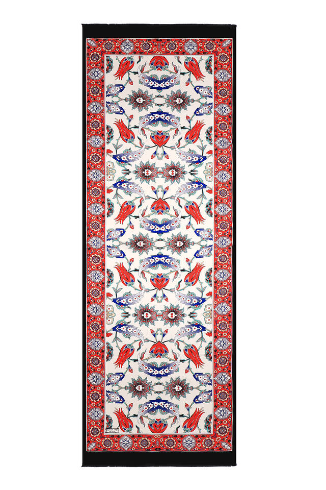 Black Red Efes Pattern Silk Foulard - 4