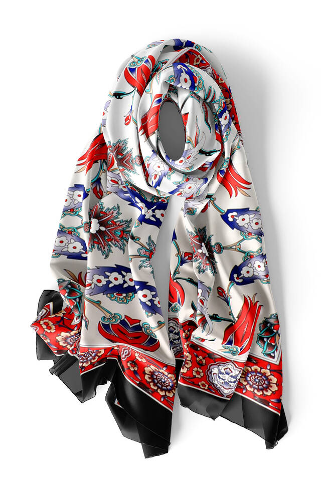 Black Red Efes Pattern Silk Foulard - 3