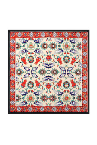Black Red Efes Pattern Silk Square Scarf - Thumbnail